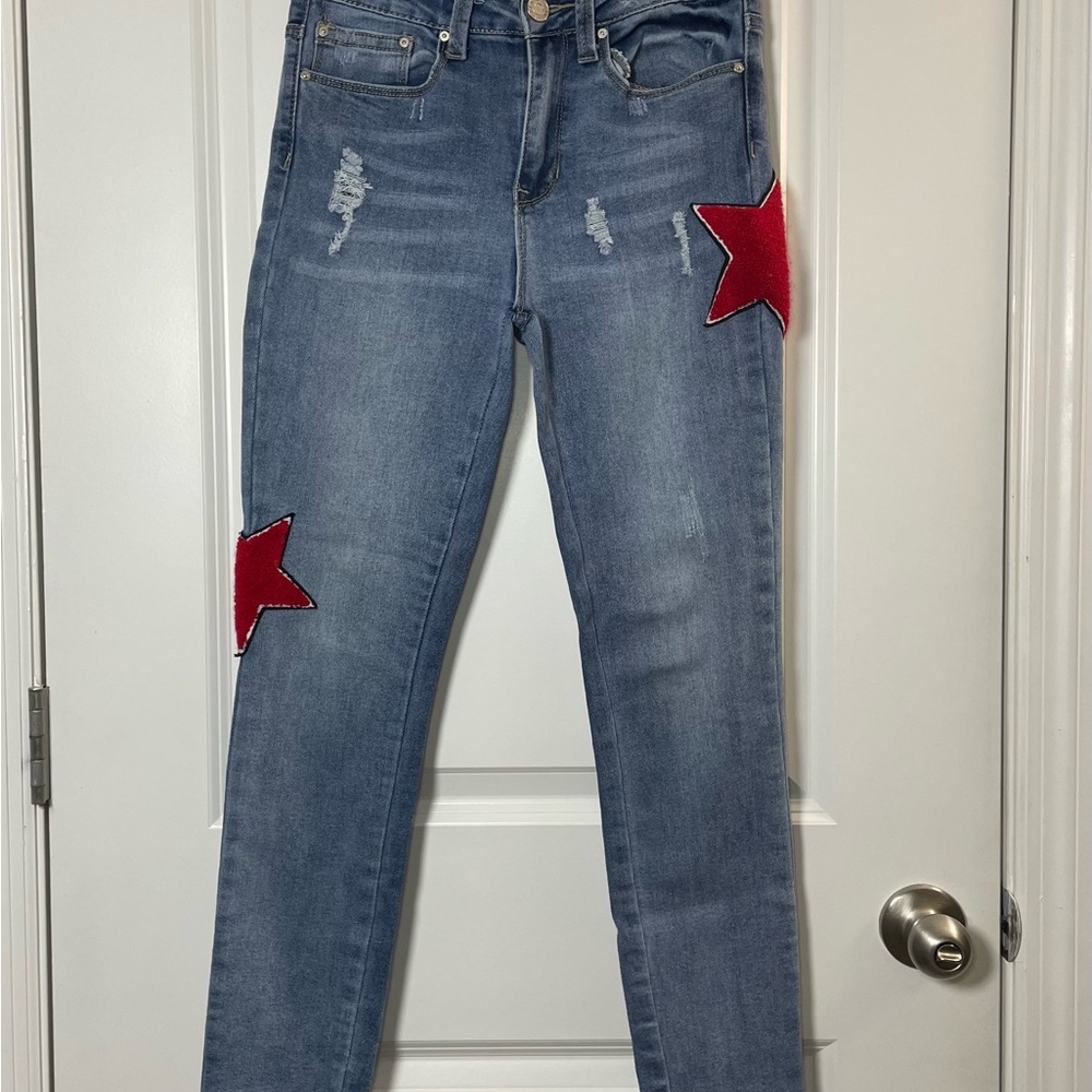 Indigo Rein Y2K Distressed Skinny Jeans Red Star Patch Mid Rise Size 5